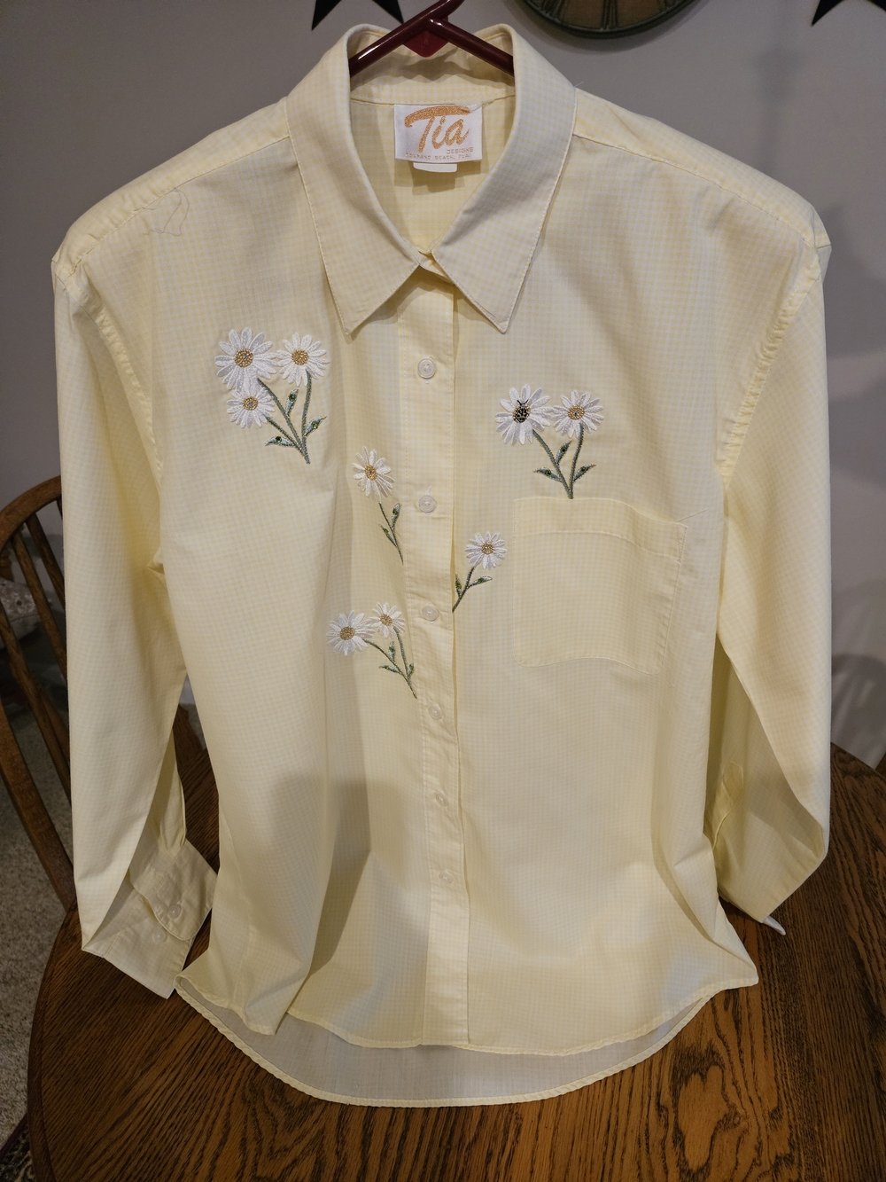 VTG Tia Designs Daisy Embroidered Yellow White Gingham Blouse
